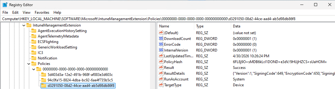 registry artifacts showing script was run successfully